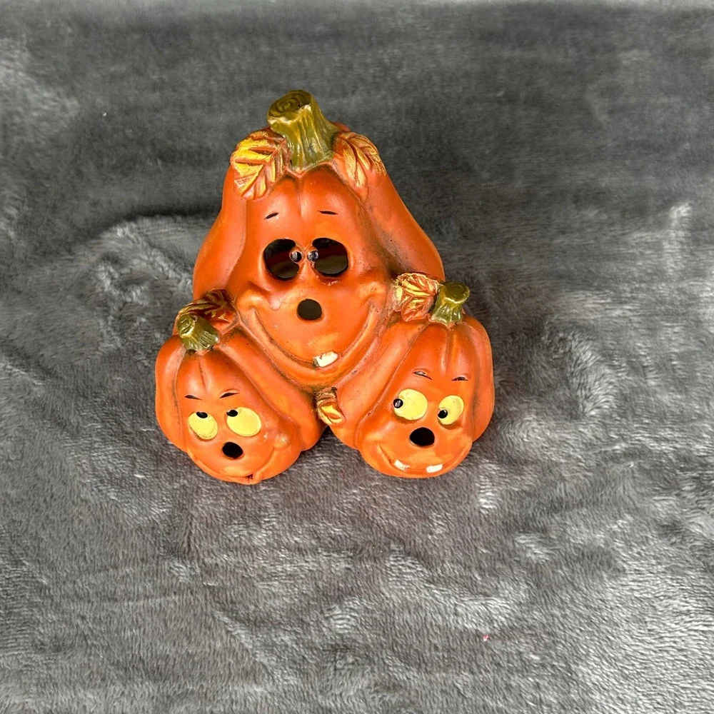 Vintage Halloween Ceramic Stacked Pumpkin Trio Tea Light Holder Jack-O-Lantern